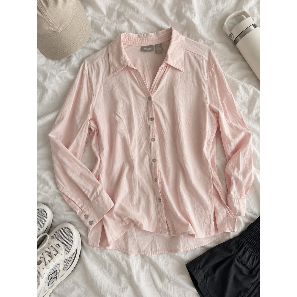 Chicos Womens Light Pink Cotton Blend Long Sleeve Button Down Shirt Size 2